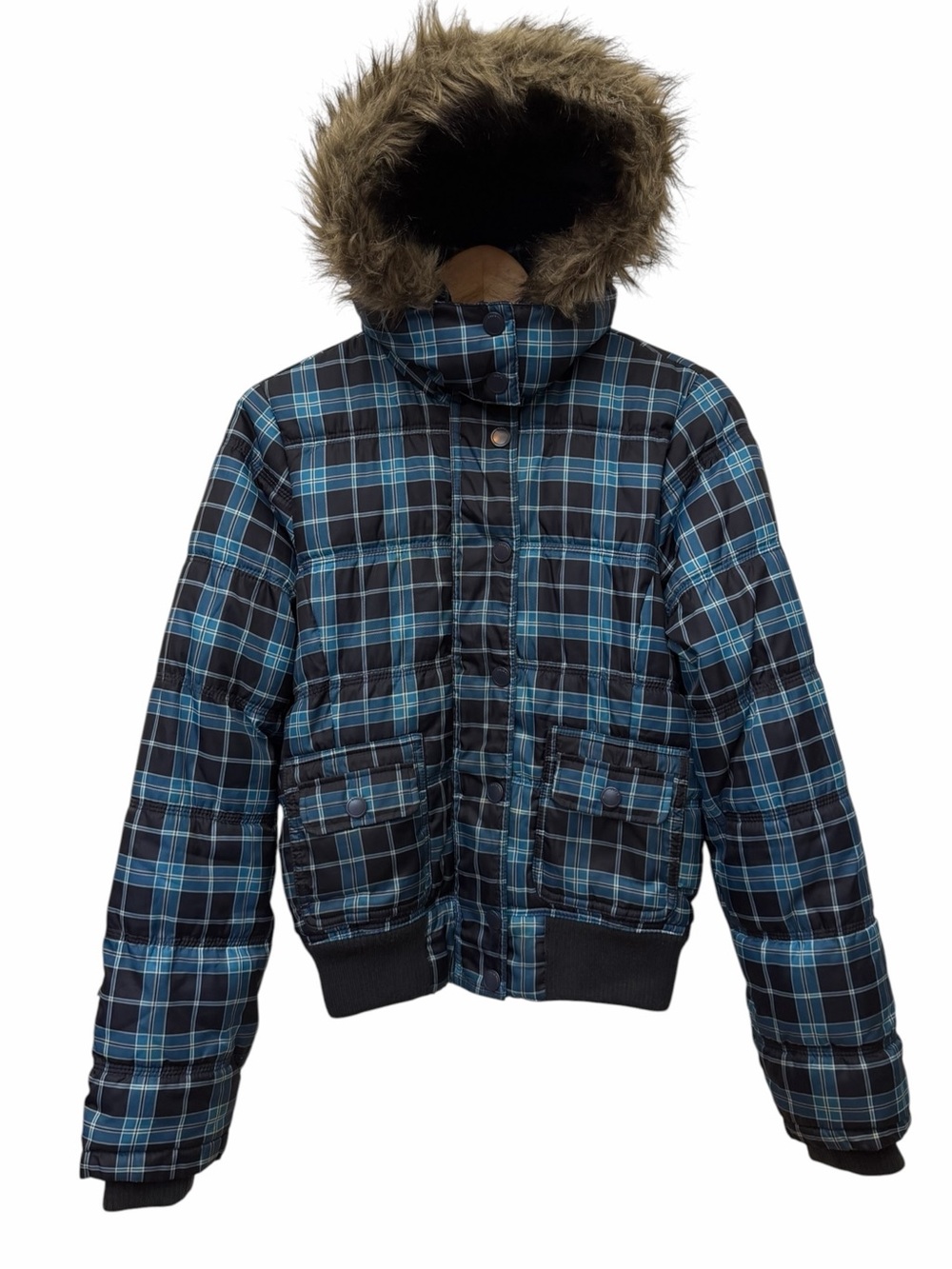 Aeropostale Womens M Blue Plaid Puffer Jacket Faux Fur Removeable Hood Zip Snap
